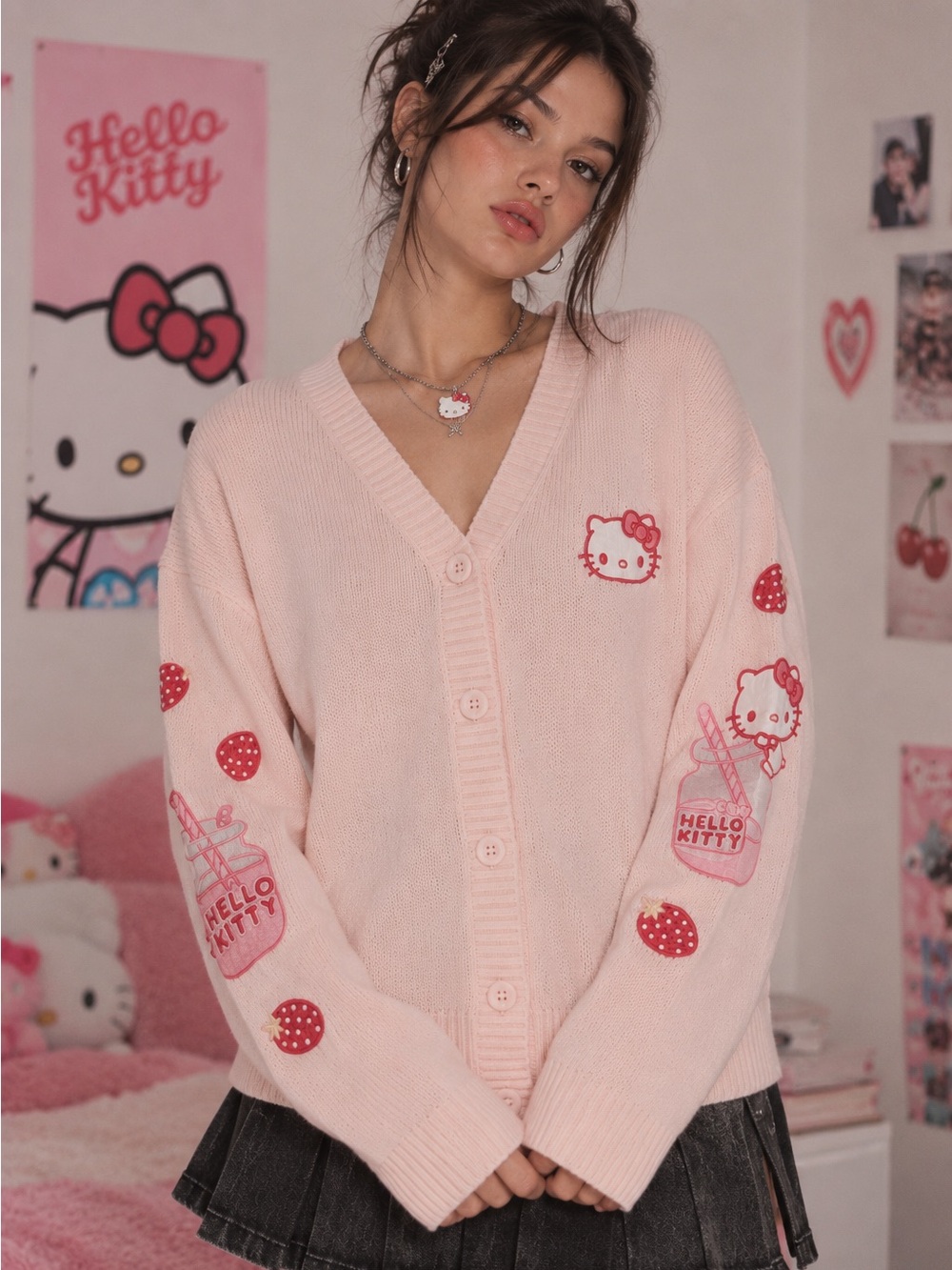 New Hot Topic Hello Kitty Strawberry Milk Girls Skimmer Cardigan Size Medium